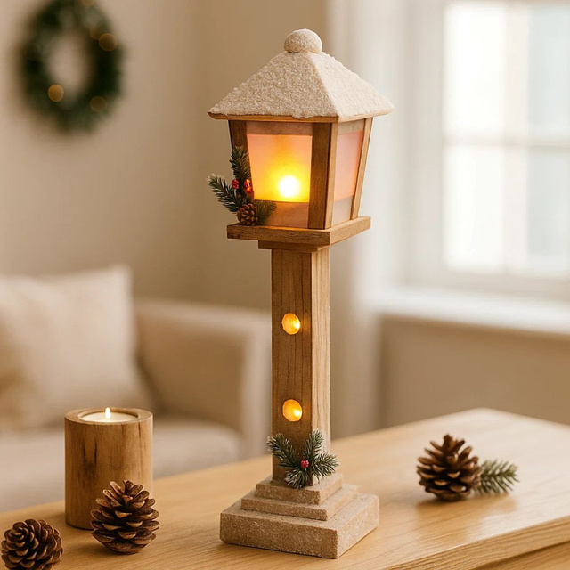 Lanterna decorativă de Crăciun din lemn cu LED, 52 cm