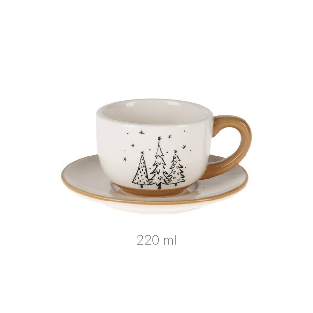 Cana de iarnă cu farfurie, cu motiv de brăduți, 220 ml