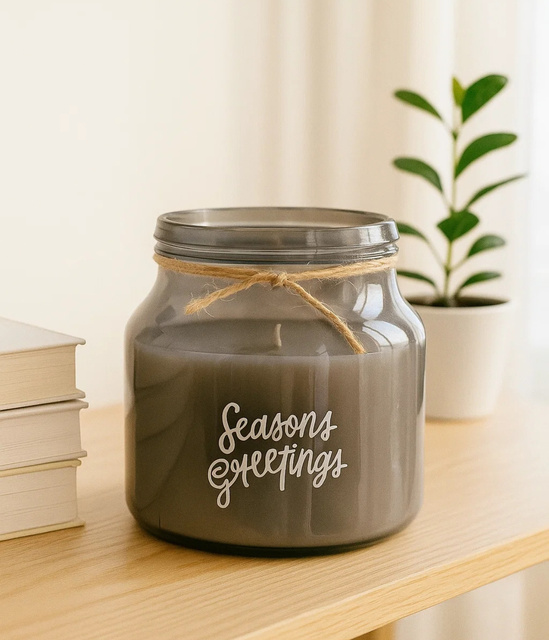 Lumânare într-un borcan de sticlă cu imprimeu festiv, Ø 16 cm, gri