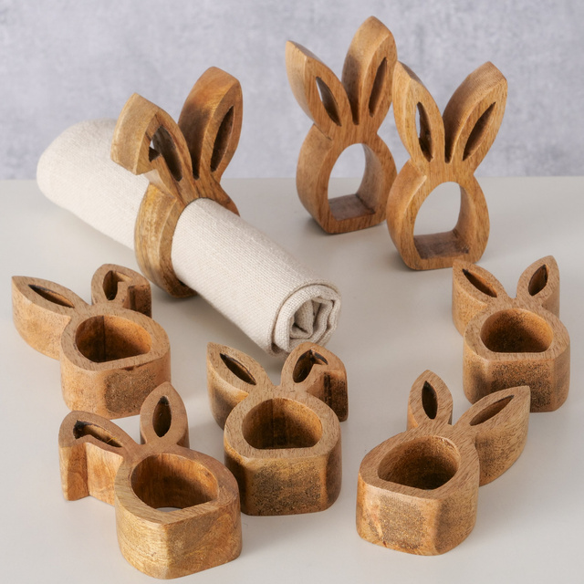 Inel pentru servetele in forma de iepuras de Paste Hops, lemn de mango, 4 bucati