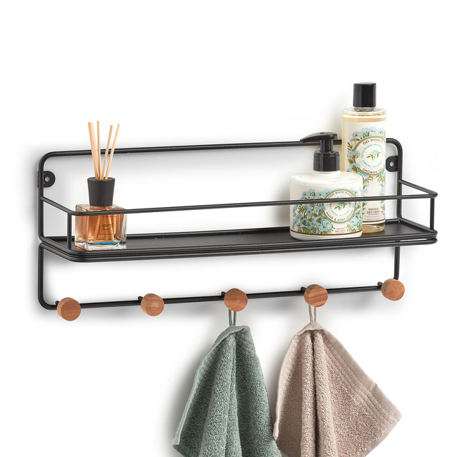 Raft metalic de perete cu carlige din lemn