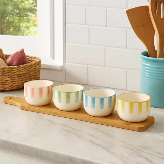 Set de boluri pentru gustări FIKA, 4 x 125 ml, tavă din bambus cu mânere.