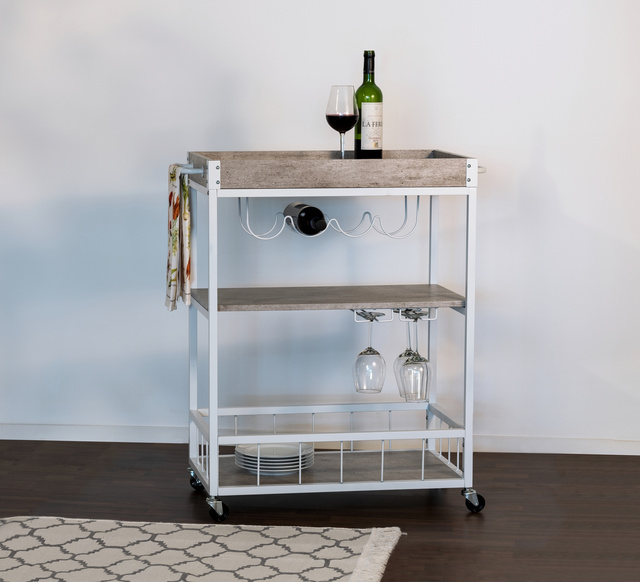 Cărucior de bucătărie RUSTICO, etajera pe trei niveluri pe roți cu suporturi pentru sticle și pahare - 80 x 89,5 x 40 cm, WENKO