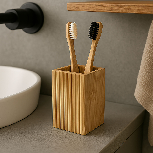 Cană pentru periuță de dinți din bambus, 9 x 7 x 12,5 cm