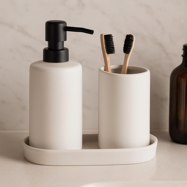 Set de baie PLY, dozator ceramic, cană și tavă, alb