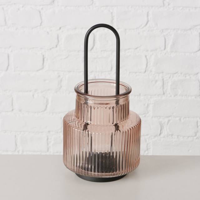 Felinar din sticla din sticla canelata Roffa, 12,9 cm, roz