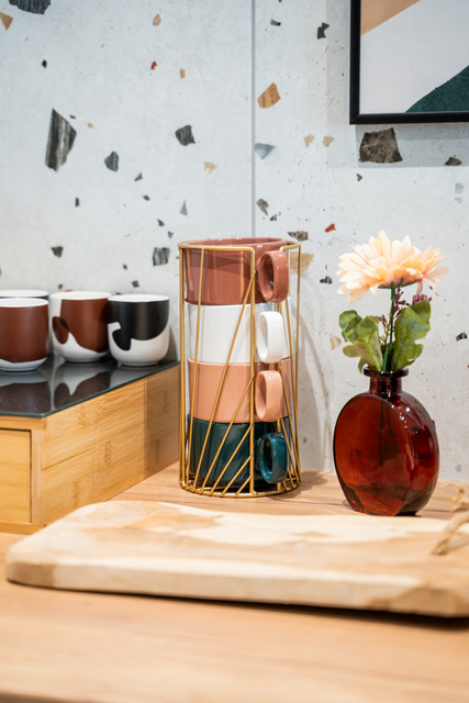 Set de 4 cești ceramice pe suport COLL, 250 ml