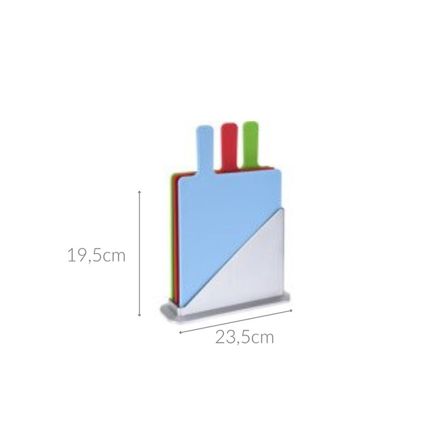 3 tăvițe rectangulare pentru tăiat + suport argintiu, fiecare tavă cu index.