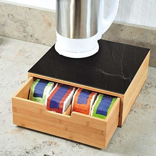 Cutie depozitare capsule de cafea, cutie cu sertar si tabla de taiere, bambus, 2in1