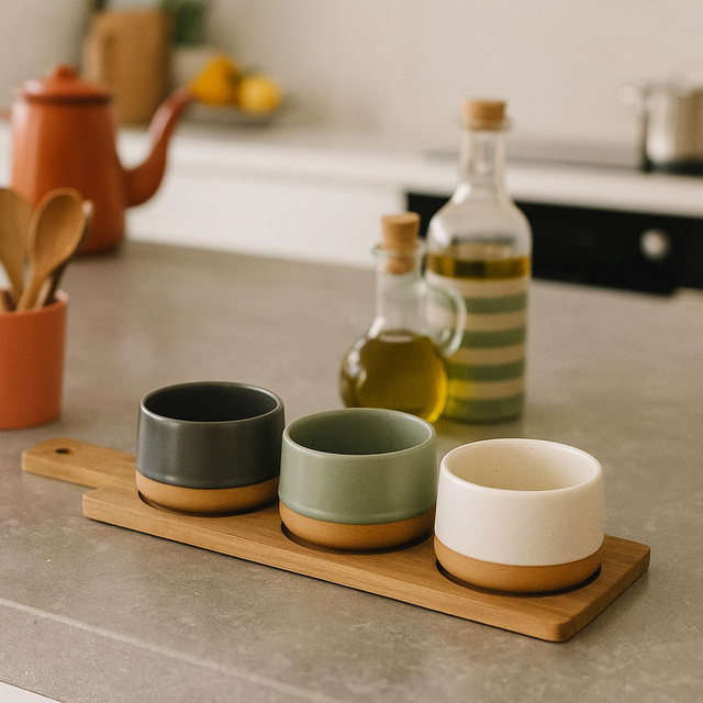 Boluri ceramice pentru gustări VOYO, 3 bucăți pe tavă dreptunghiulară