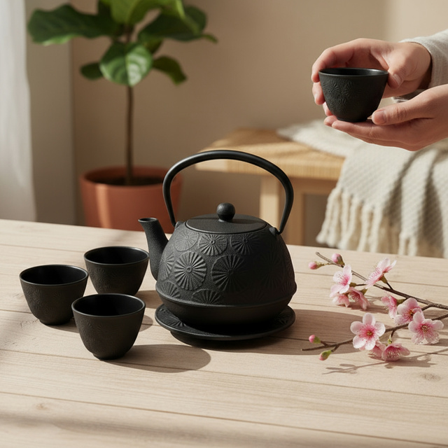 Căldare din fontă cu cești și suport KOGA, 1200 ml, negru