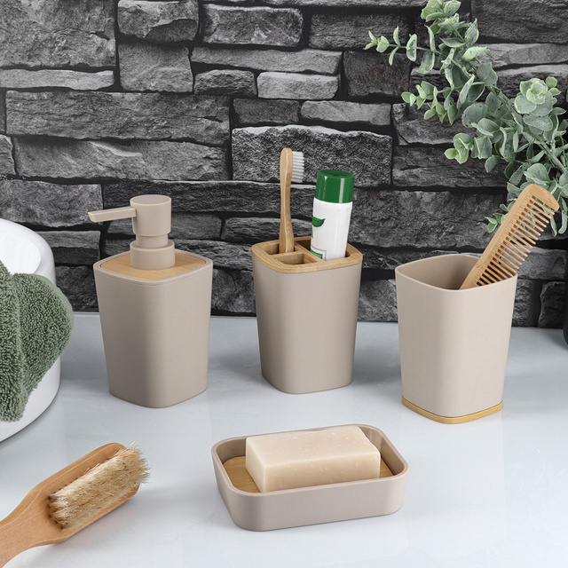 Săpunieră bej cu elemente din bambus CALMA, 8,8 x 12 cm