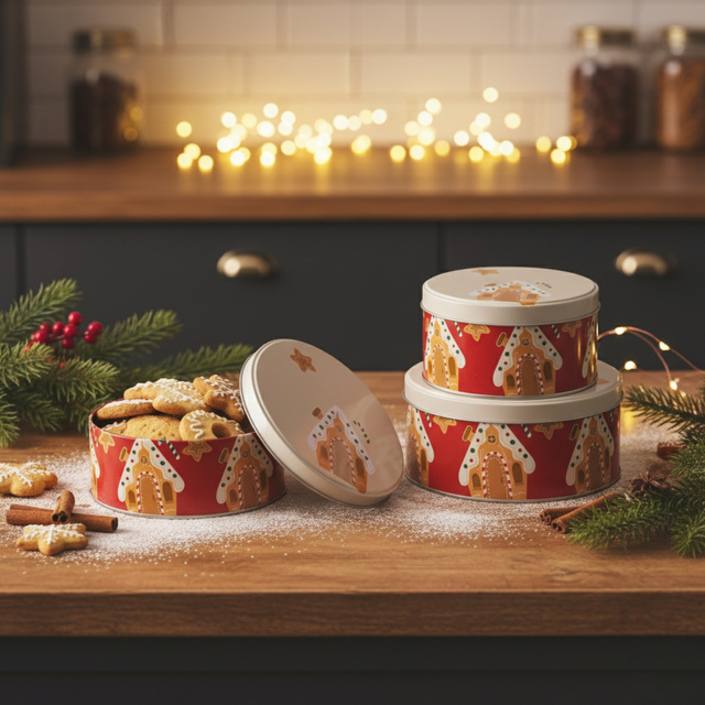 Recipient rotund pentru biscuiți, metal, 3 bucăți, roșu