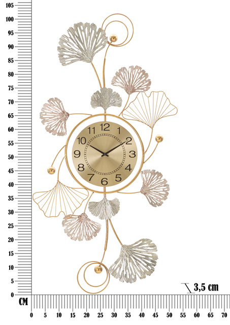 Ceas de perete decorativ LEAVY cu ornamente metalice sub formă de frunze, 102 × 52,5 cm