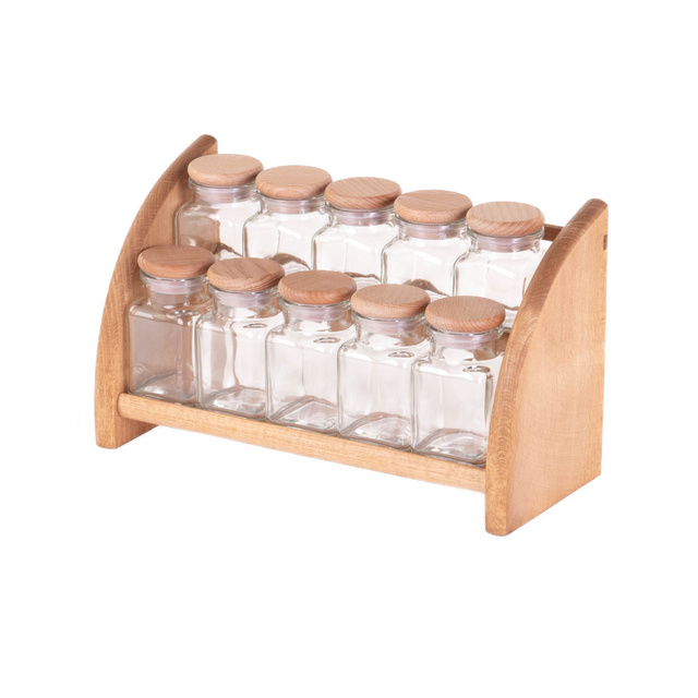 Raft din lemn pentru condimente cu recipiente din sticlă, 33 x 14 x 15 cm