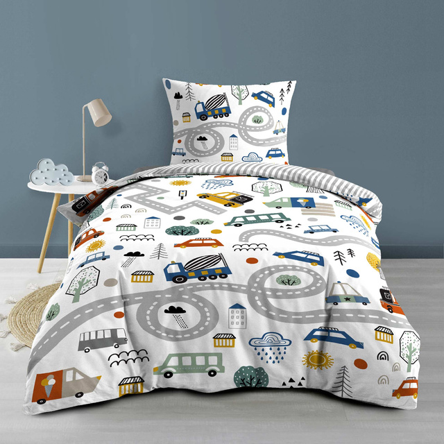 Lenjerie de pat pentru copii 140 x 200 cm, din două piese, model cu mașini.