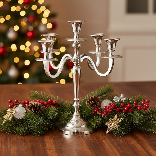 Candelabru cu cinci brațe, argintiu, 30 cm, model 2