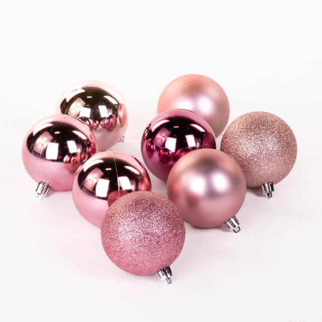 Un set de decorațiuni de Crăciun din plastic, 8 buc, roz, Ø 7 cm