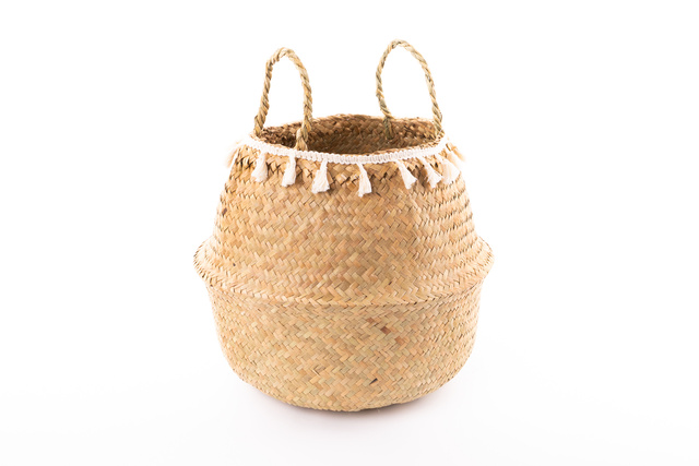 Coș decorativ, iarbă de mare, țesut, Ø 31 cm, cu franjuri