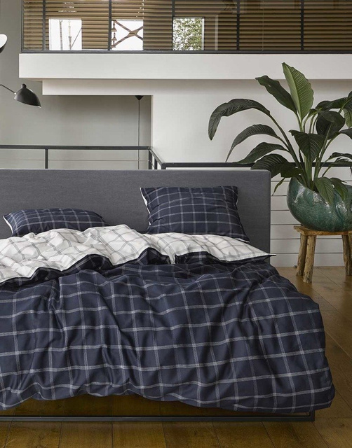 Lenjerie din satin de bumbac albă și albastră, perna decorativă, lenjerie în carouri, Essenza, 200 x 220 cm