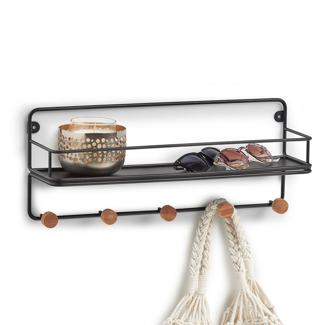 Raft metalic de perete cu carlige din lemn