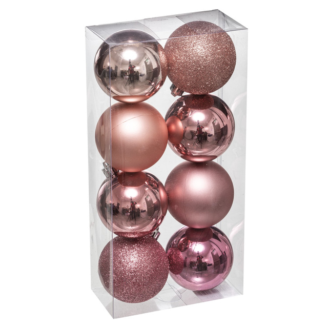 Un set de decorațiuni de Crăciun din plastic, 8 buc, roz, Ø 7 cm
