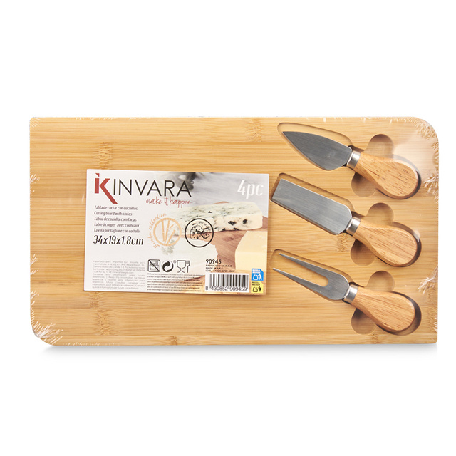 Placă de tăiat din bambus ORVA cu 3 cuțite cu mânere din bambus