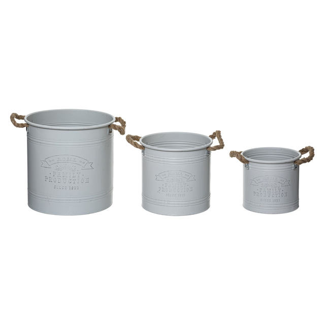 Ghivece metalice cu mânere de sfoară, 3 bucăți, gri deschis