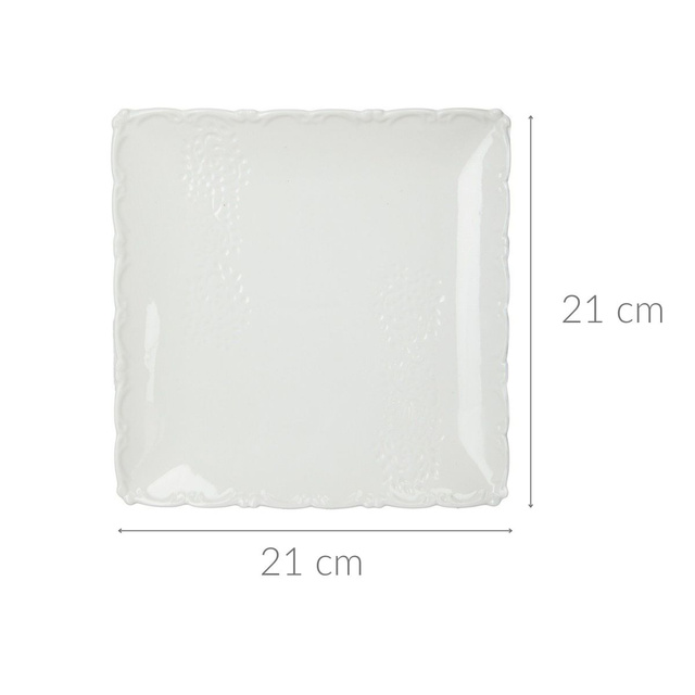 O farfurie patrata 21 x 21 cm, cu finisaj decorativ
