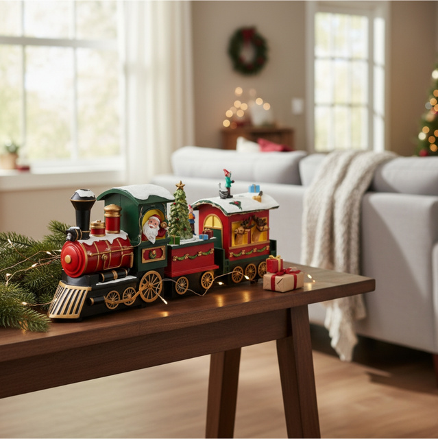 Scenă de sărbătoare, trenul lui Moș Crăciun, mobil cu sunet, 38 cm