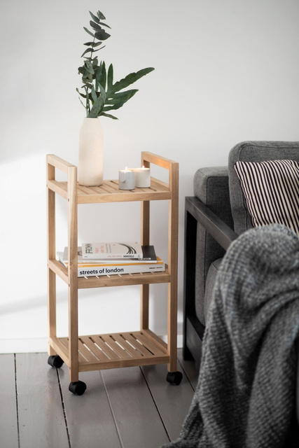 Raft pentru baie pe roti ACINA cu trei rafturi, lemn de salcam, 31x35x72 cm, Wenko