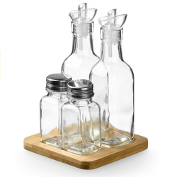 Set de condimente și ulei cu suport din lemn, 4 elemente