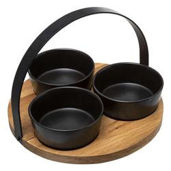 Set 3 boluri negre pentru aperitive cu tavă din lemn cu mâner