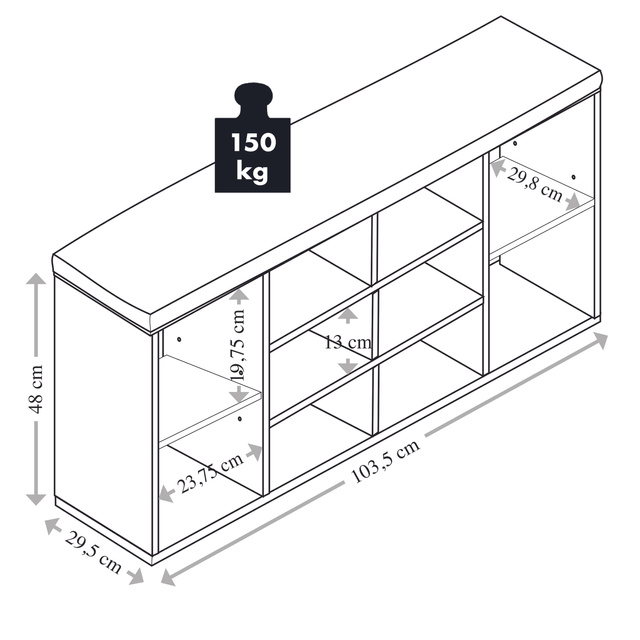 Dulap pentru 10 perechi de pantofi, cu sezut, 103,5 x 48 cm