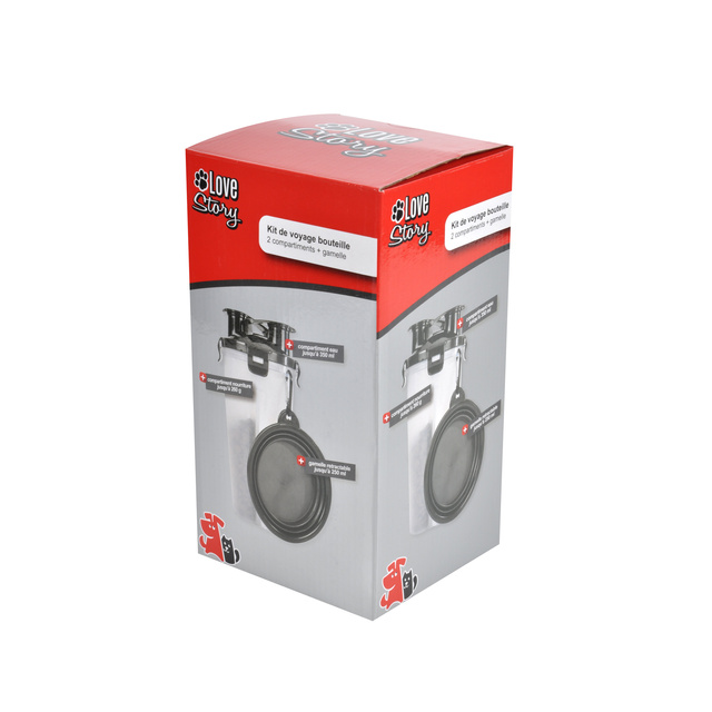 Set de voiaj pentru caine si pisica, sticla de apa si mancare + bol pliabil