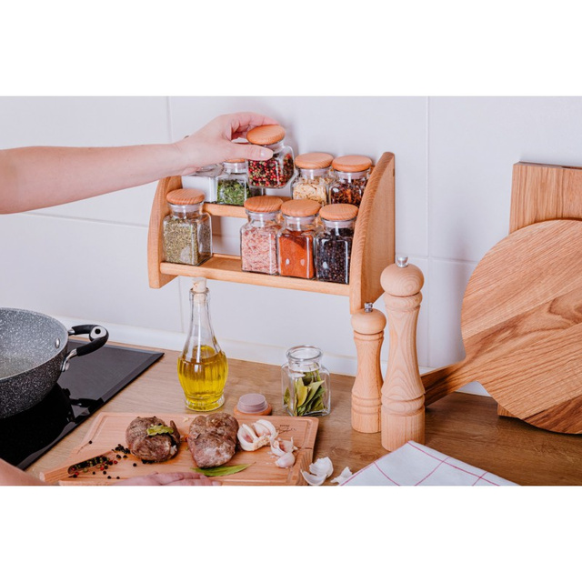 Raft din lemn pentru condimente cu recipiente din sticlă, 33 x 14 x 15 cm