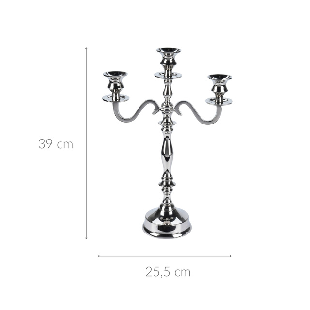 Candelabru argintiu, suport pentru 3 lumânări, 39 cm