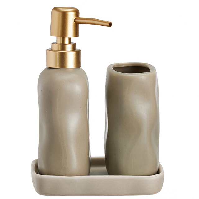 Set de baie EON, dozator ceramic cu pompă aurie, cană și tavă, taupe