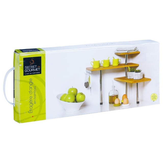 Raft de bucătărie pe colț, bambus - 3 nivele, 4 cârlige