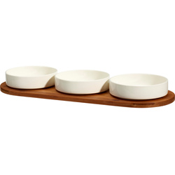 Set de boluri din porțelan pentru servirea gustărilor APERIO, 3 x 390 ml, tavă din bambus