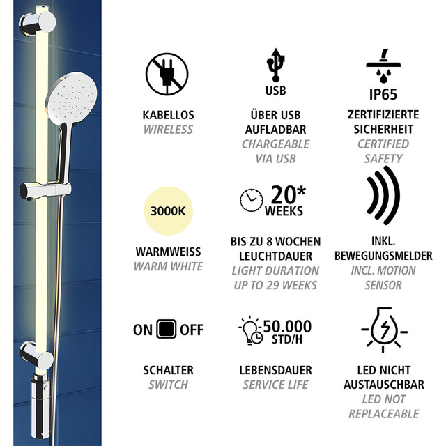 Bara de dus LED 94 cm, alb cald, cap de dus si furtun, WENKO