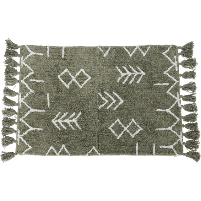 Covor verde cu ciucuri, 100% bumbac, model etno