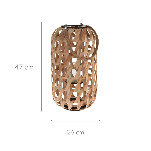 Felinar din lemn, impletitura minimalista si maner din sfoara.