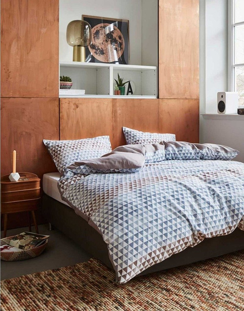 Set de lenjerie din bumbac satinat cu modele geometrice, gri, 140 x 220 cm, Esprit