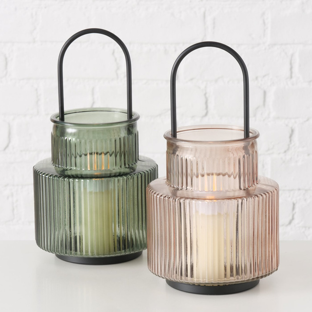 Felinar din sticla din sticla canelata Roffa, 12,9 cm, roz