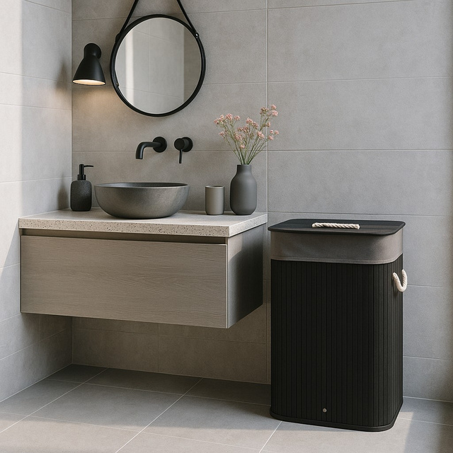 Coș de rufe negru din bambus, 80 l