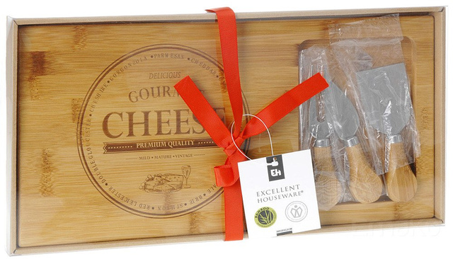 Placă din bambus pentru brânzeturi și gustări + 3 cuțite