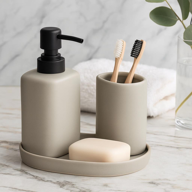 Set de baie PLY, dozator ceramic, cană și tavă, bej