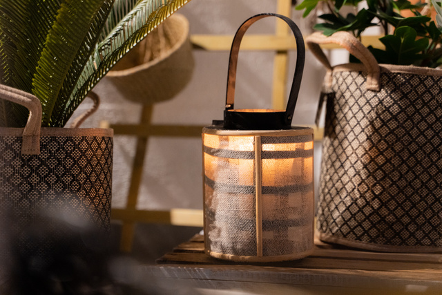 Felinar din bambus cu corp metalic, Ø 17 x 22 cm