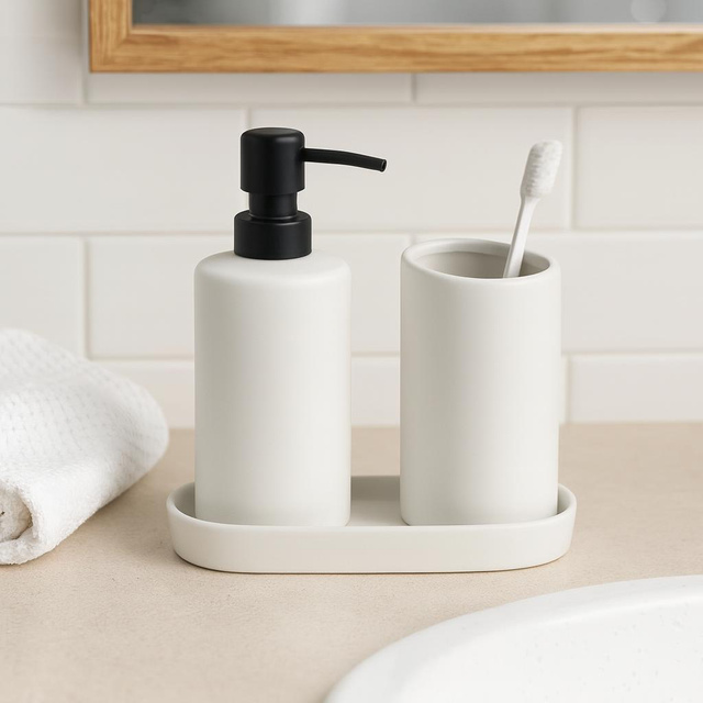 Set de baie PLY, dozator ceramic, cană și tavă, alb